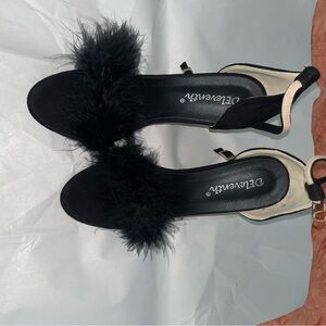Delicacy Black Heels with Fluffy Detail